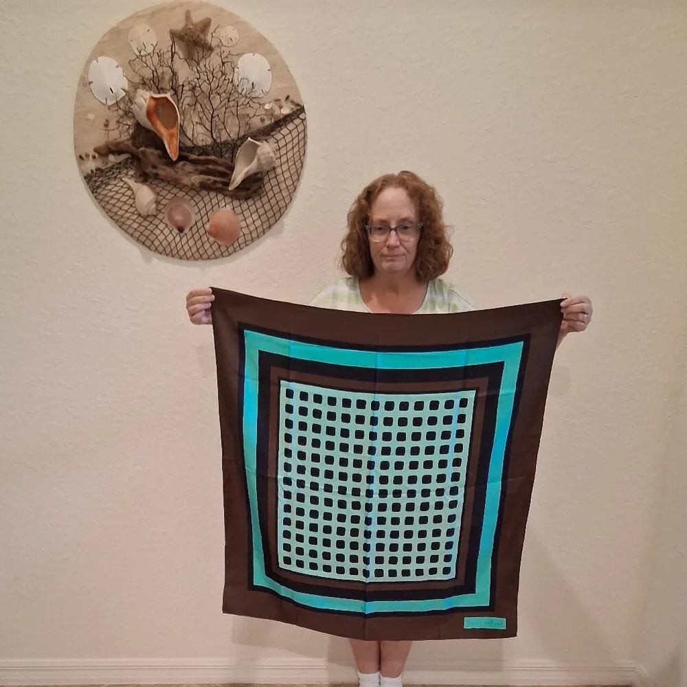 Yves Saint Laurent Brown & Turquoise Geometric Square 100% Silk Scarf - Picture 5 of 6